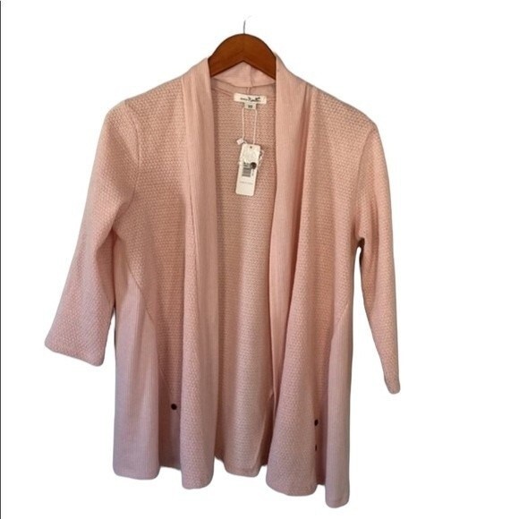 SIMPLY NOELLE Pink Open Front Textured Cardigan 3/4 Sleeves Long Line Ribbed - Picture 1 of 16